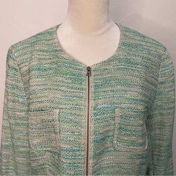 J. Jill Green Tweed Long Sleeve Stretch Linen Blend Zip Up Blazer Jacket Size L - Picture 3 of 10